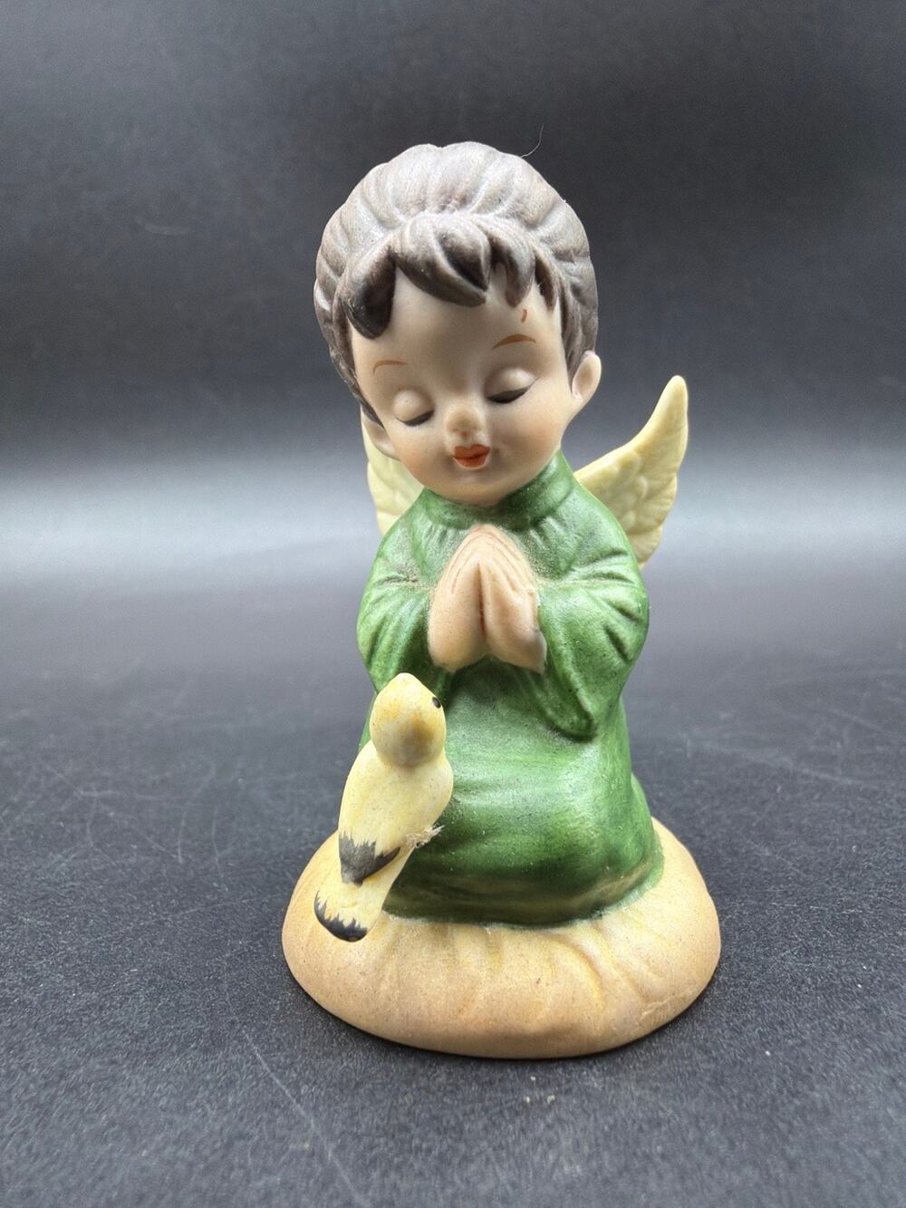 Vintage Creative Art Flowers Inc Praying Girl Angel Figurine Bird Green Japan 3”